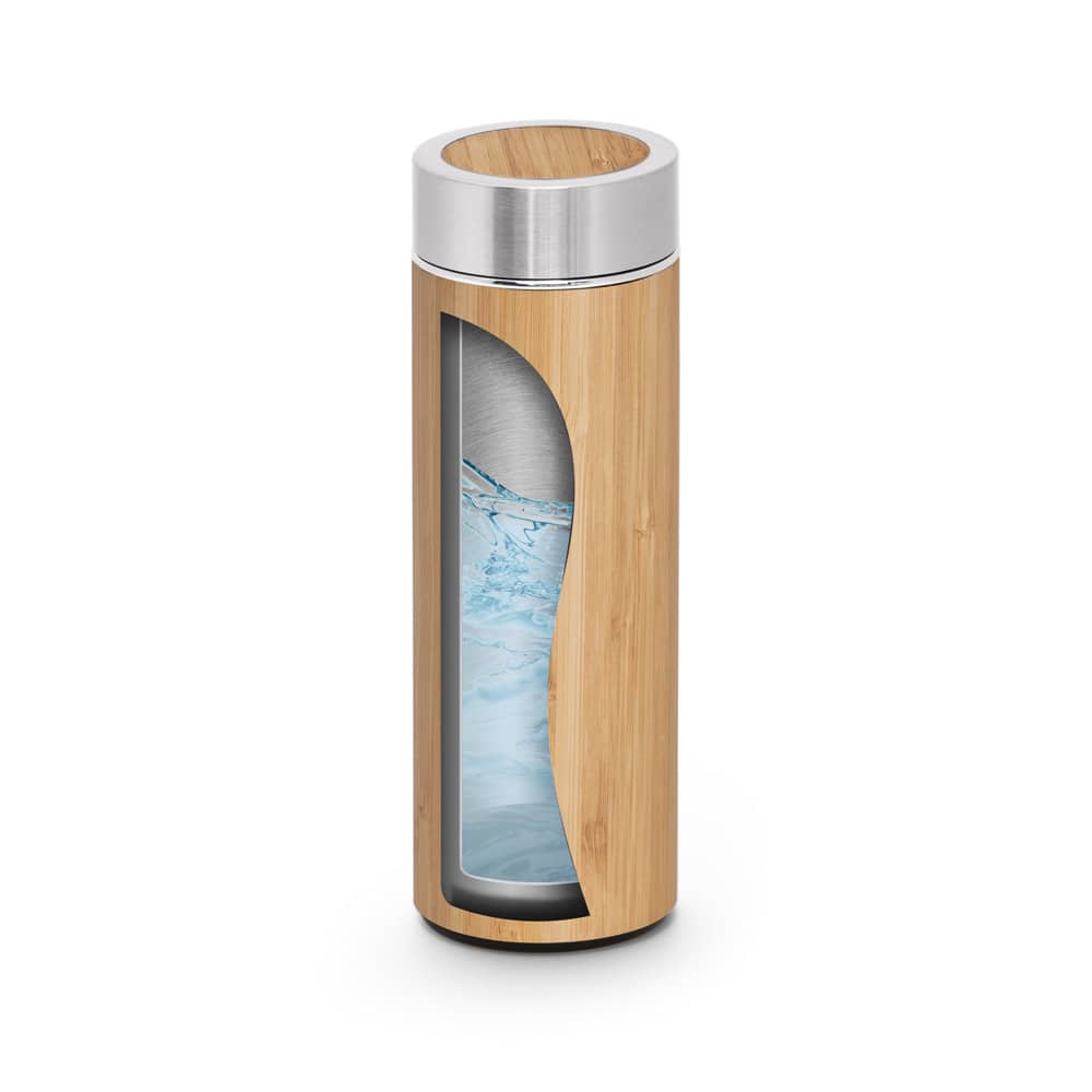 Garrafa térmica em aço inox 90% reciclado e bambu, de parede dupla isolada a vácuo (430 mL)