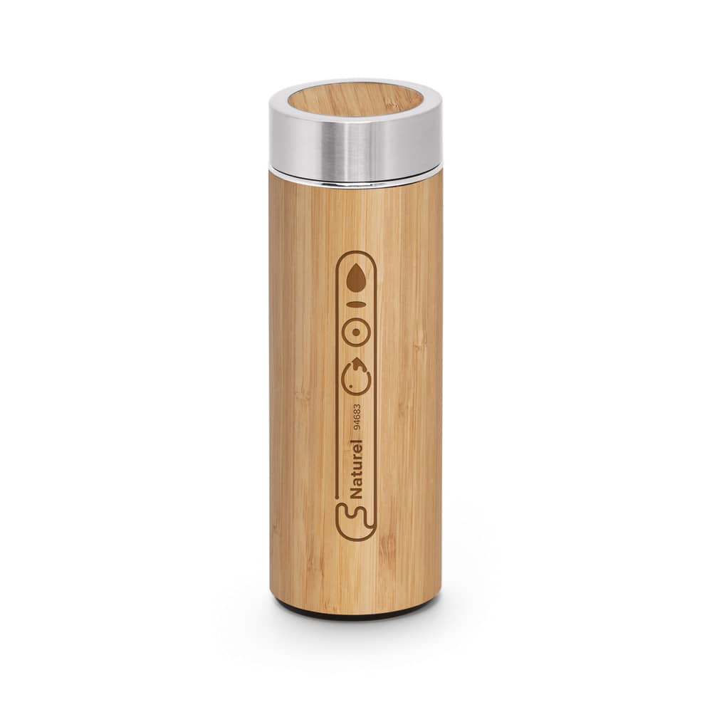 Garrafa térmica em aço inox 90% reciclado e bambu, de parede dupla isolada a vácuo (430 mL)