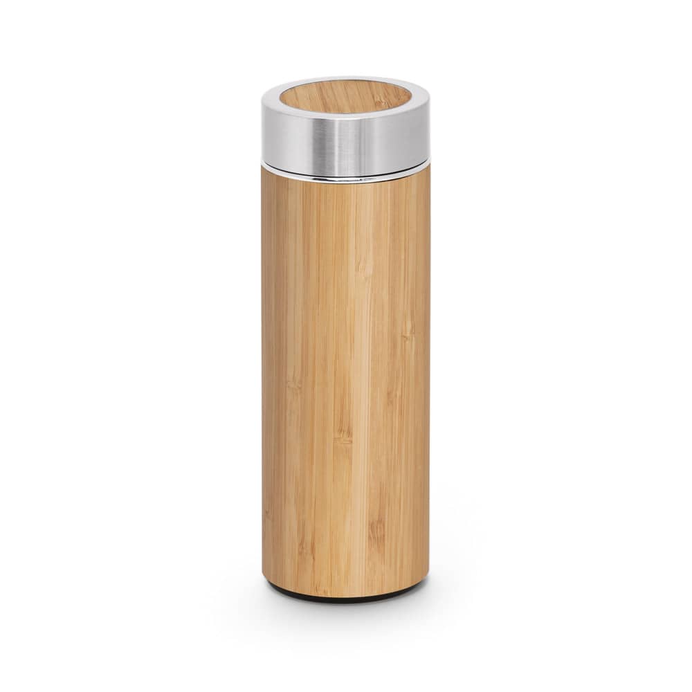 Garrafa térmica em aço inox 90% reciclado e bambu, de parede dupla isolada a vácuo (430 mL)