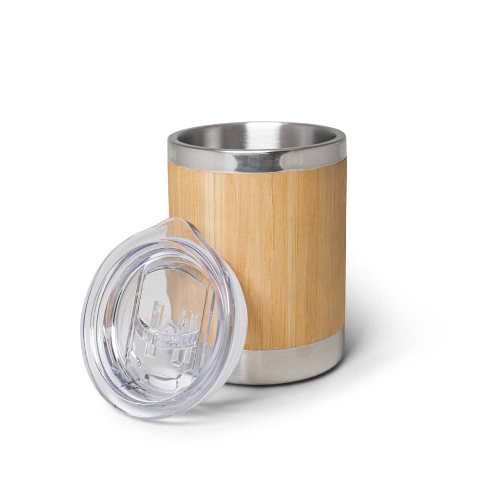 Copo de viagem térmico em aço inox e bambu, de parede dupla isolada a ar e fecho deslizante (350 mL)