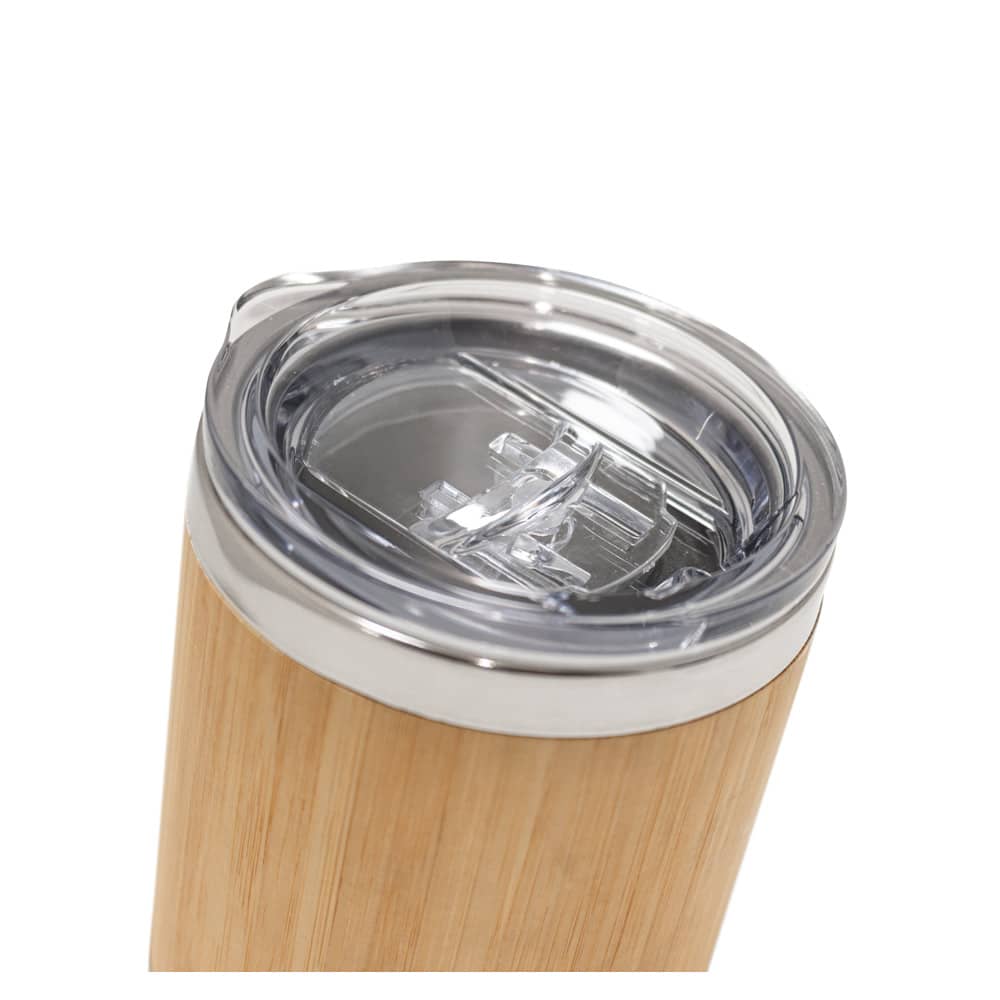 Copo de viagem térmico em aço inox e bambu, de parede dupla isolada a ar e fecho deslizante (350 mL)