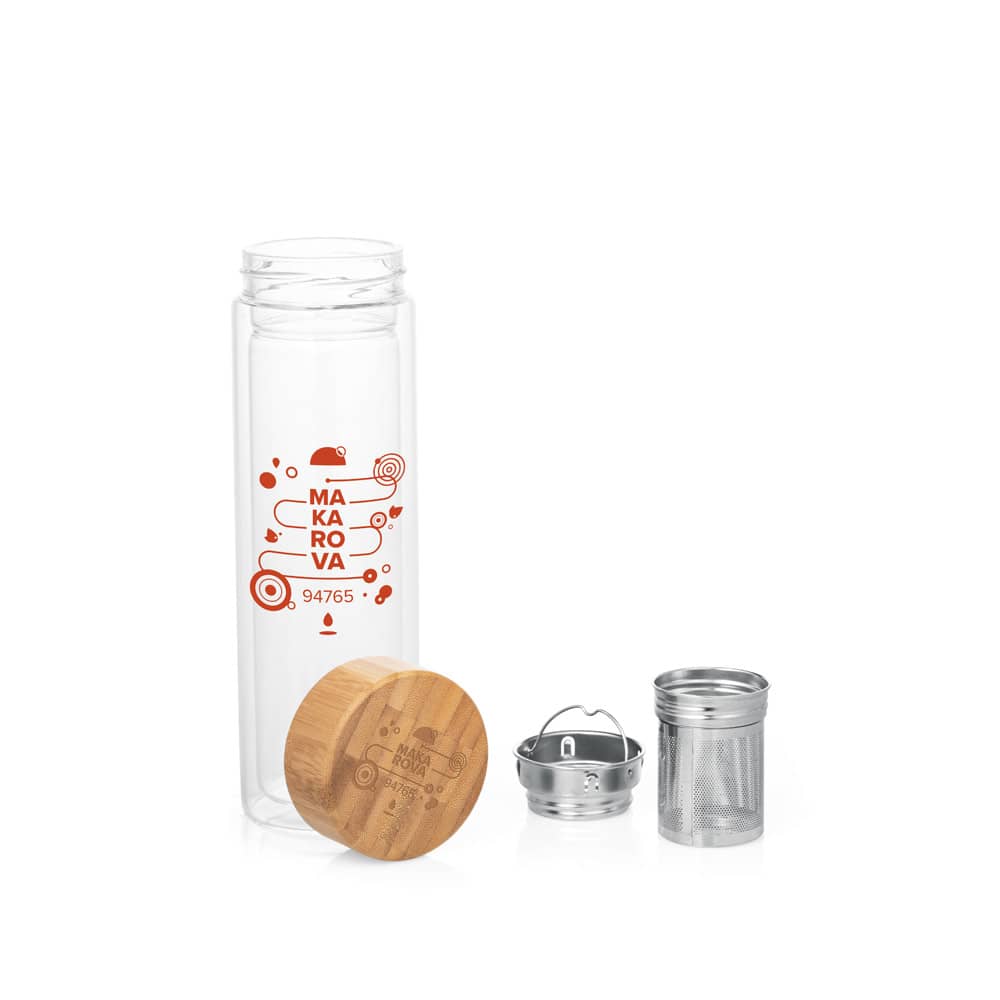 Garrafa térmica em vidro borossilicato de parede dupla isolada a ar, com 2 infusores (490 mL)