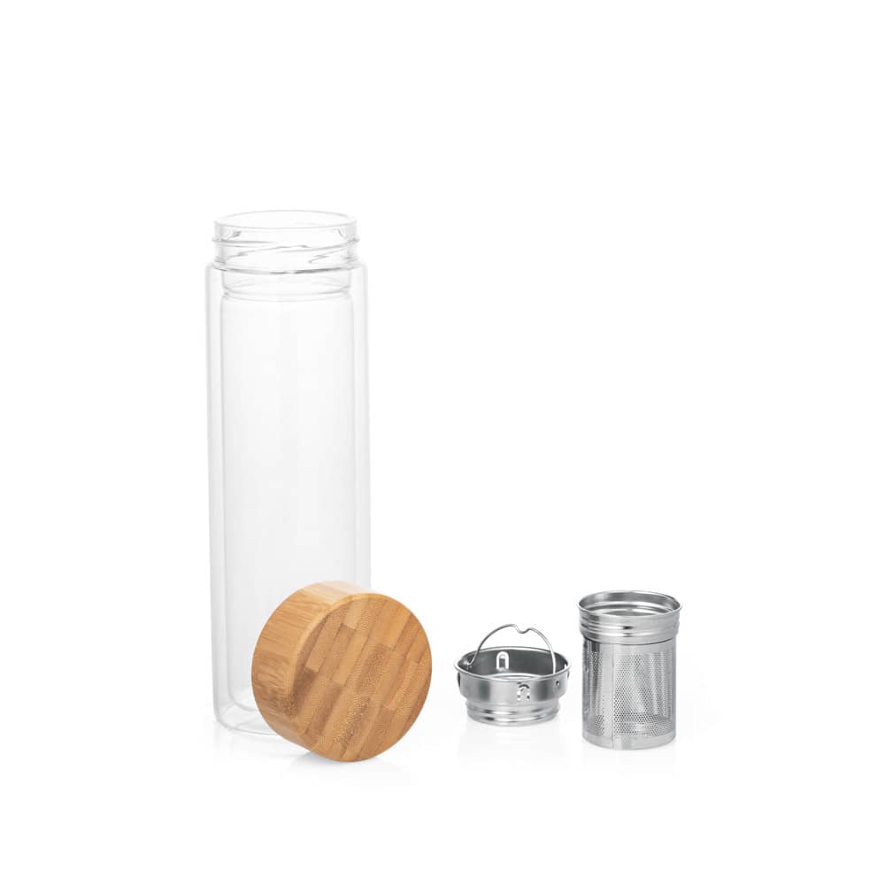 Garrafa térmica em vidro borossilicato de parede dupla isolada a ar, com 2 infusores (490 mL)