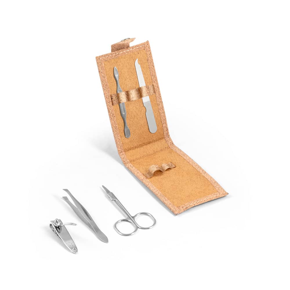 Conjunto de manicure em cortiça com peças em aço inox