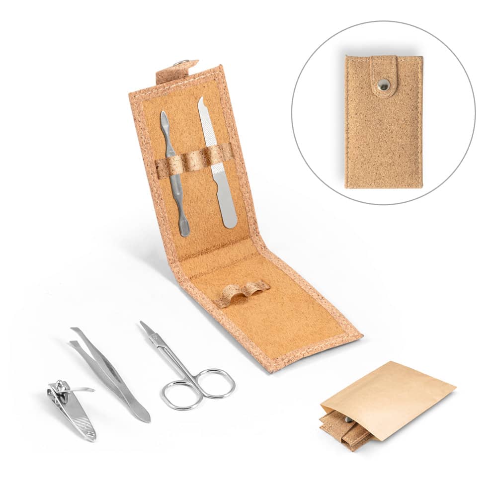 Conjunto de manicure em cortiça com peças em aço inox