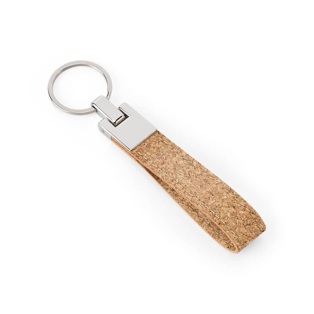 Conjunto composto por uma caneta esferográfica e chaveiro, ambos em metal e cortiça