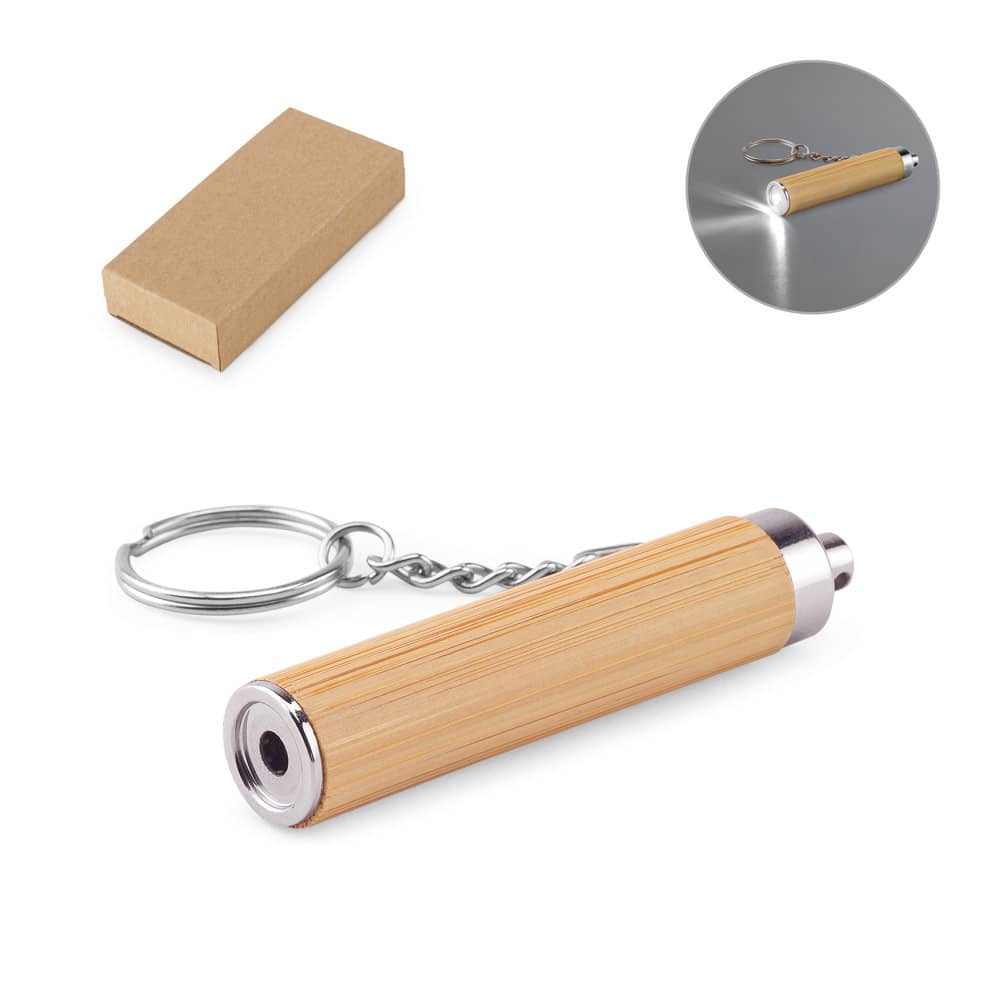 Chaveiro em bambu e ABS com lanterna LED