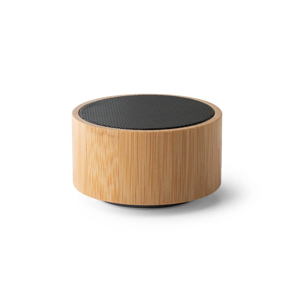 Caixa de som portátil com microfone e autonomia de 2h (300 mAh), em bambu e ABS