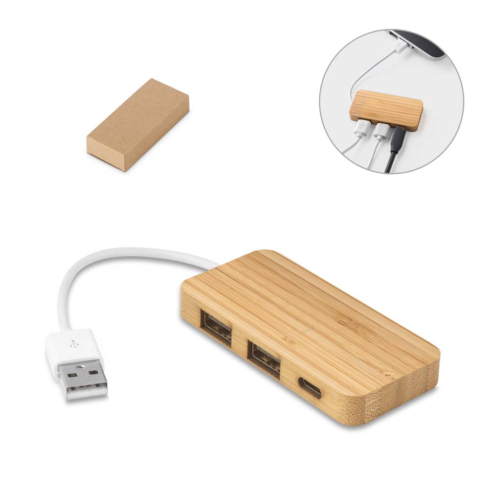 Hub em bambu com 2 portas que permite a transferência de dados