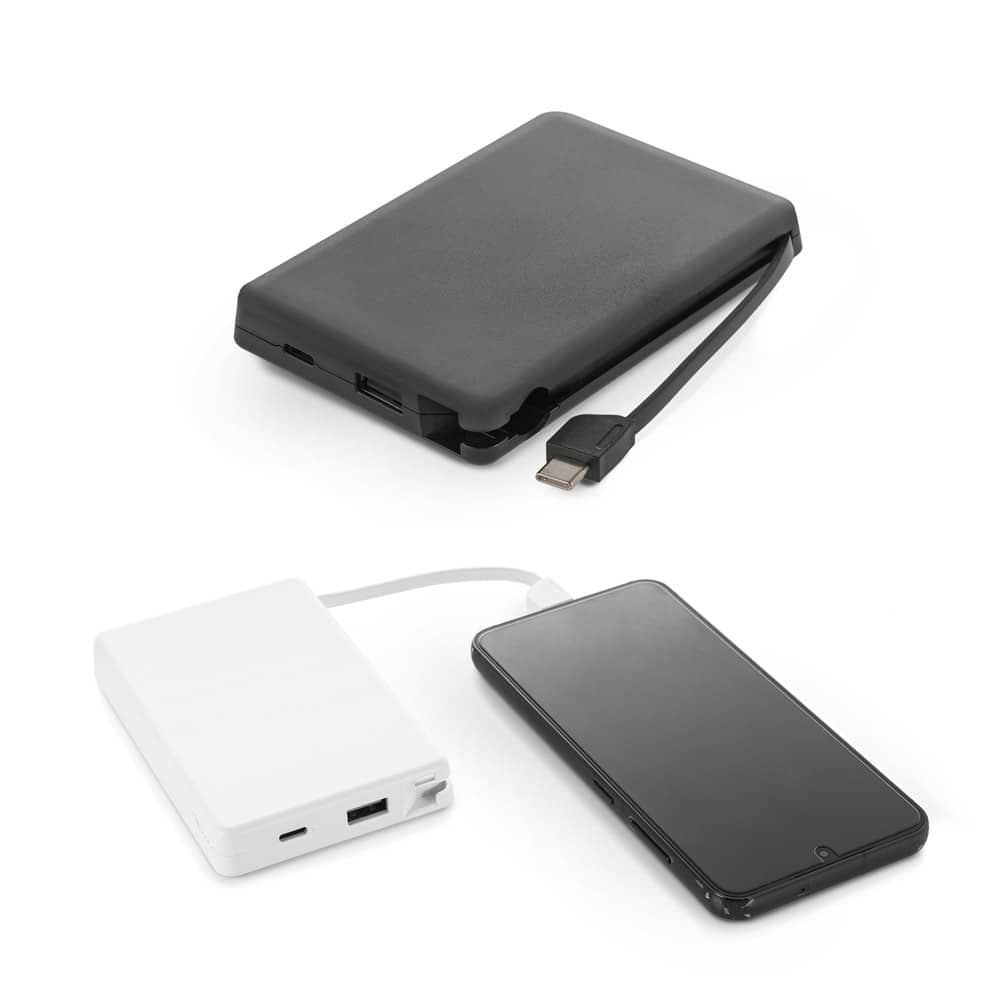 Bateria portátil com cabo integrado, em ABS 100% reciclado (10'000 mAh)
