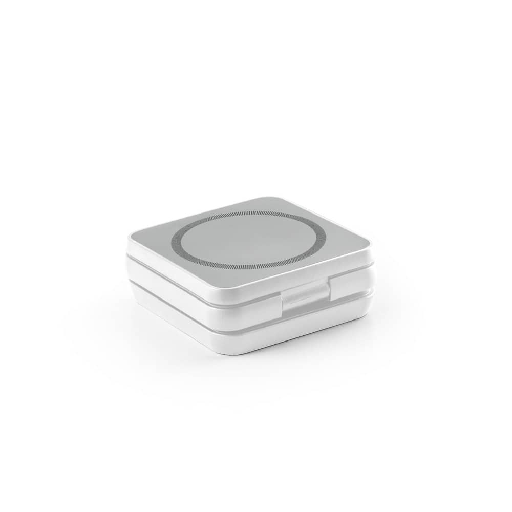 Carregador magnético por indução super-rápido (wireless), dobrável, que permite carregar três dispositivos simultaneamente, em ABS 100% reciclado