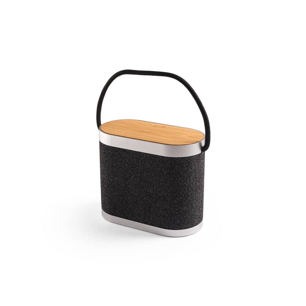 Caixa de som de 5W com carregador por indução super-rápido e autonomia de 2h (1'200 mAh), em bambu e PET 100% reciclado