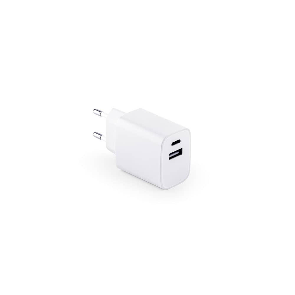 Adaptador de corrente com porta USB-A 18W e USB-C 20W em ABS 100% reciclado