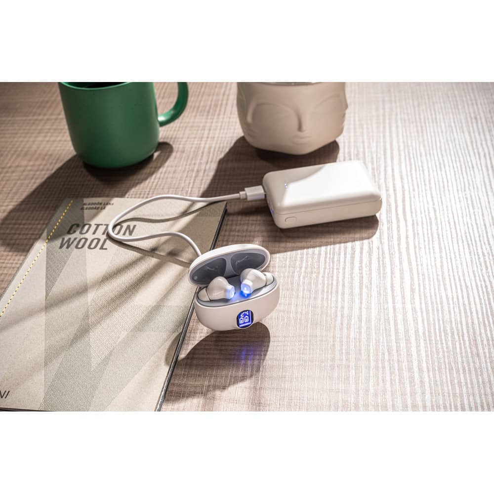 Fones de ouvido wireless com autonomia de 4h (200 mAh), em ABS 100% reciclado