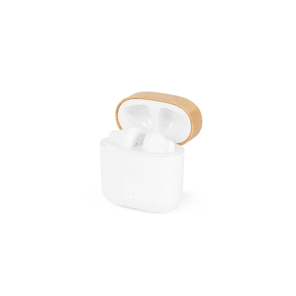 Fones de ouvido wireless com autonomia de 5h (300 mAh), em ABS 100% reciclado e bambu