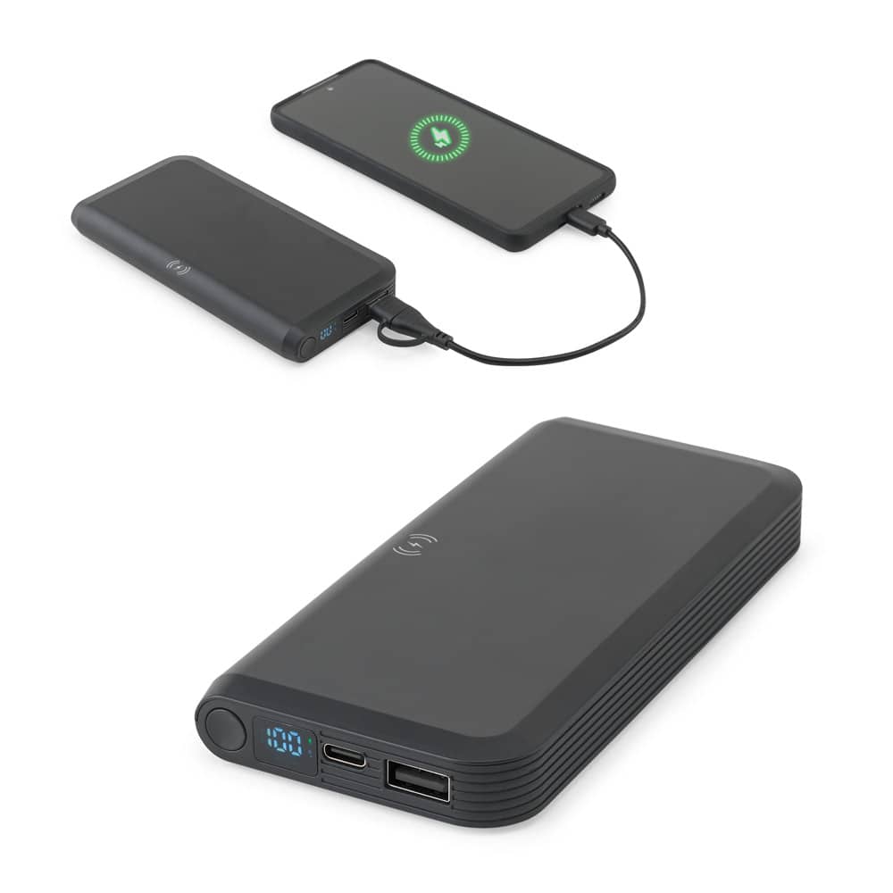 Bateria portátil com carregador por indução super-rápido (10'000 mAh), em ABS 100% reciclado