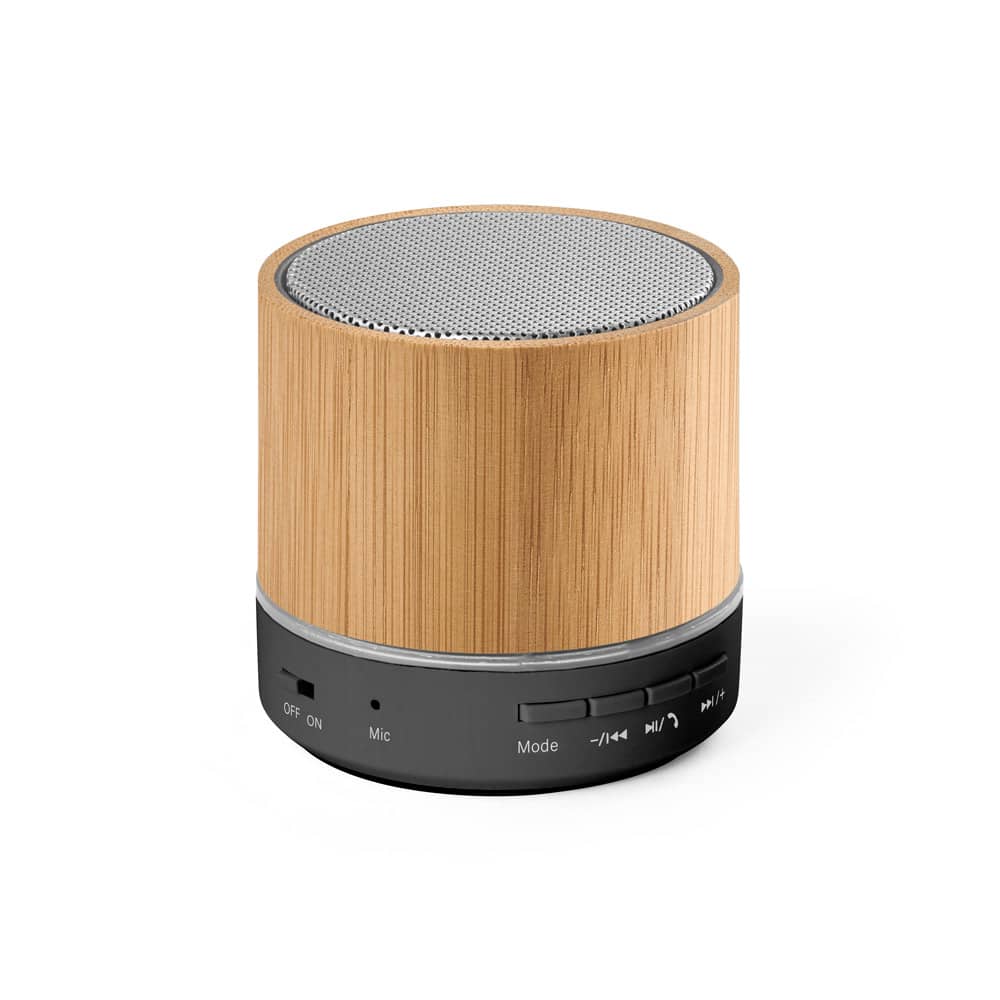 Caixa de som portátil com microfone e autonomia de 4h30 (400 mAH), em bambu e ABS 100% reciclado