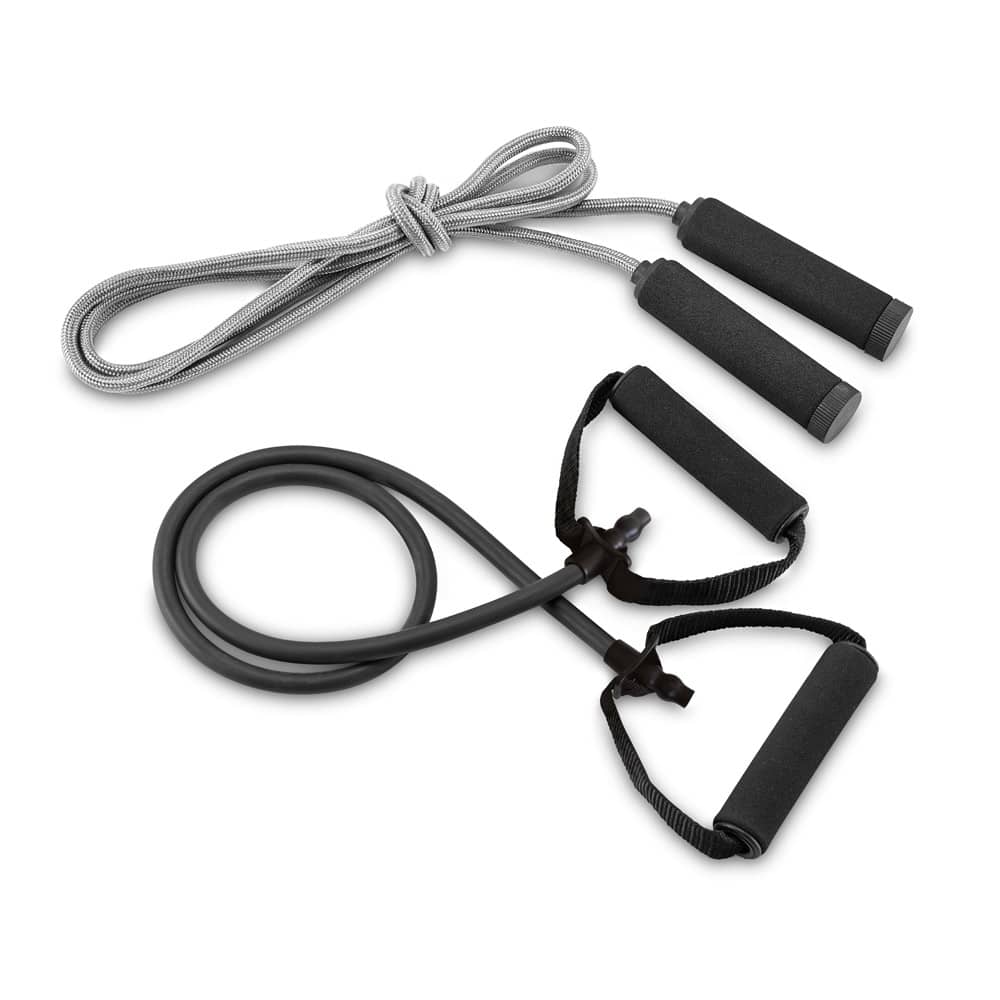 Conjunto fitness composto por elástico e corda de pular