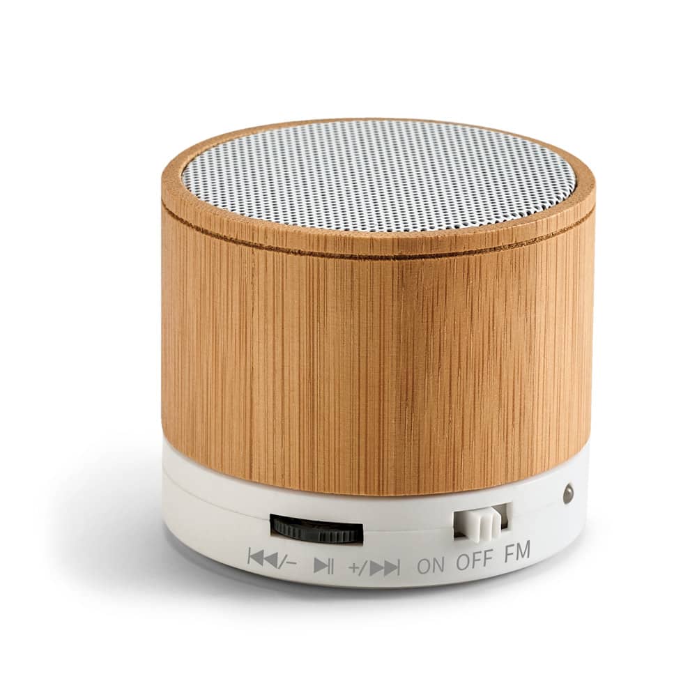 Caixa de som em bambu com microfone