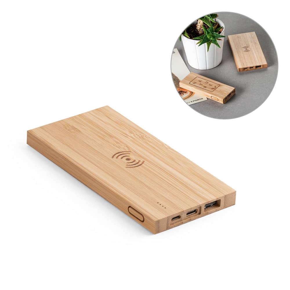 FITCH ECO. Bateria portátil com carregador por indução (wireless) super-rápido em bambu (5'000 mAh)