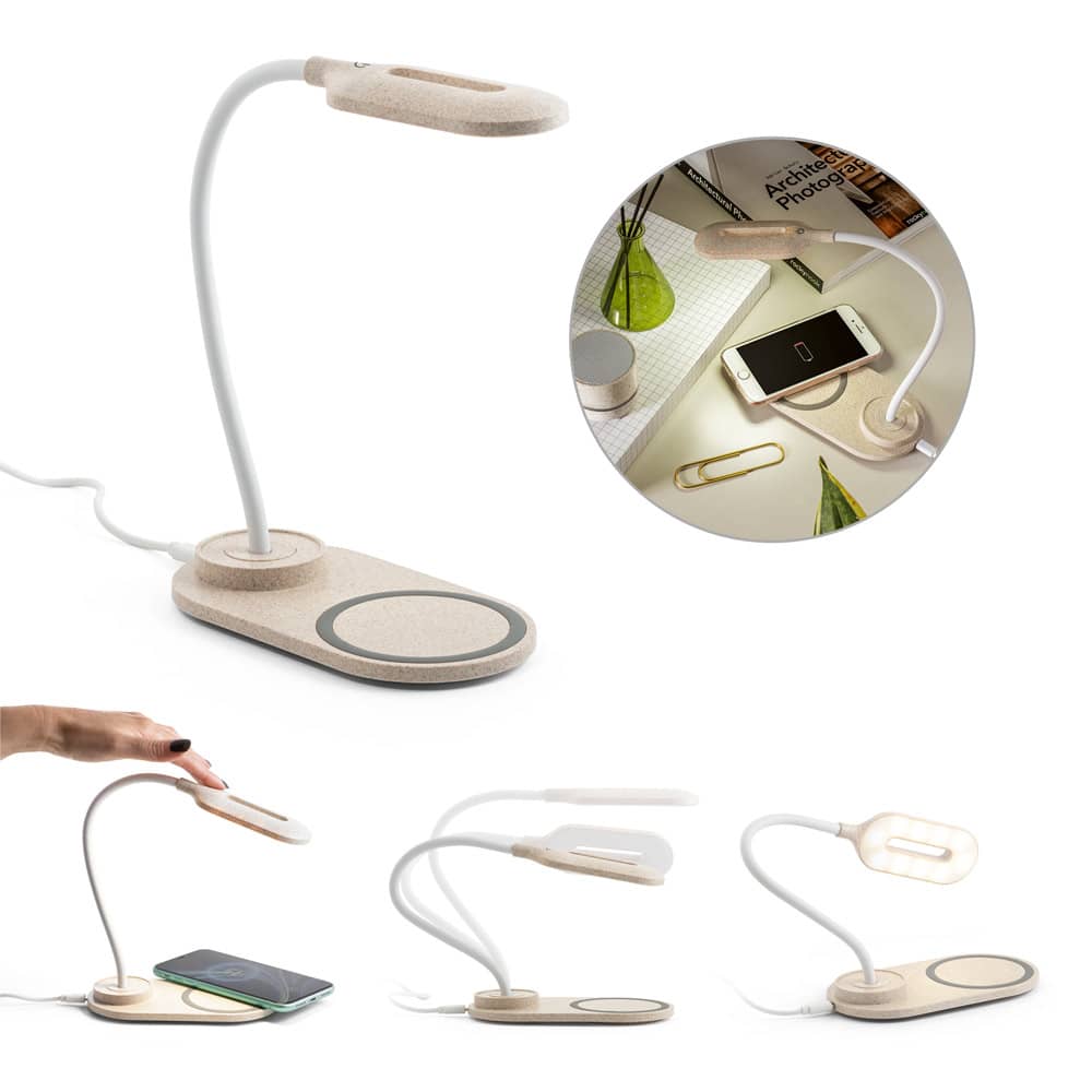 Luminária de mesa com carregador por indução super-rápido (15W), em ABS e fibra de palha de trigo