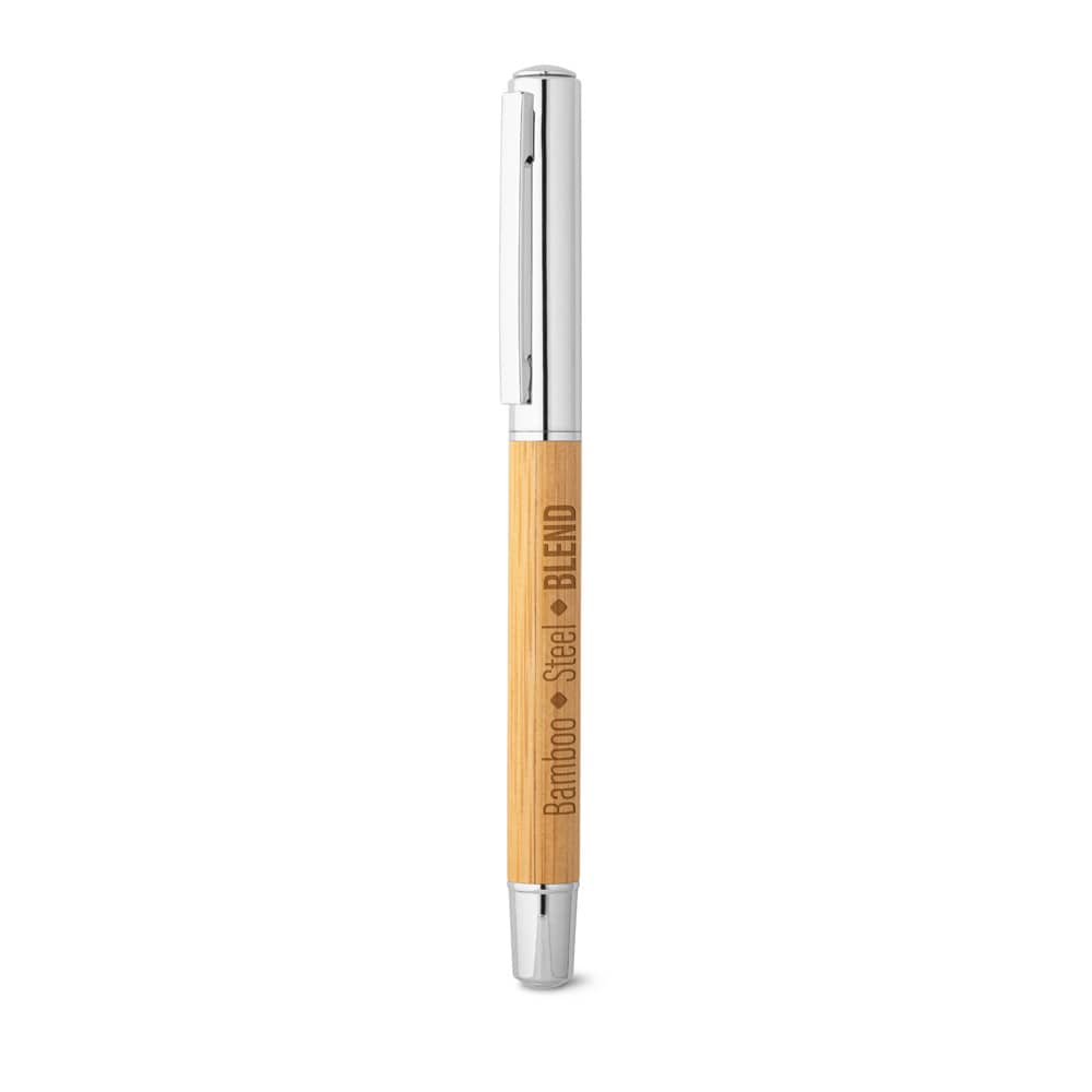 Caneta roller em aço inox 90% reciclado e bambu com escrita em azul