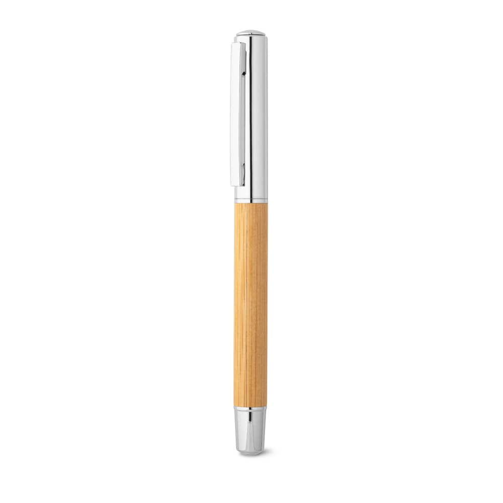 Caneta roller em aço inox 90% reciclado e bambu com escrita em azul