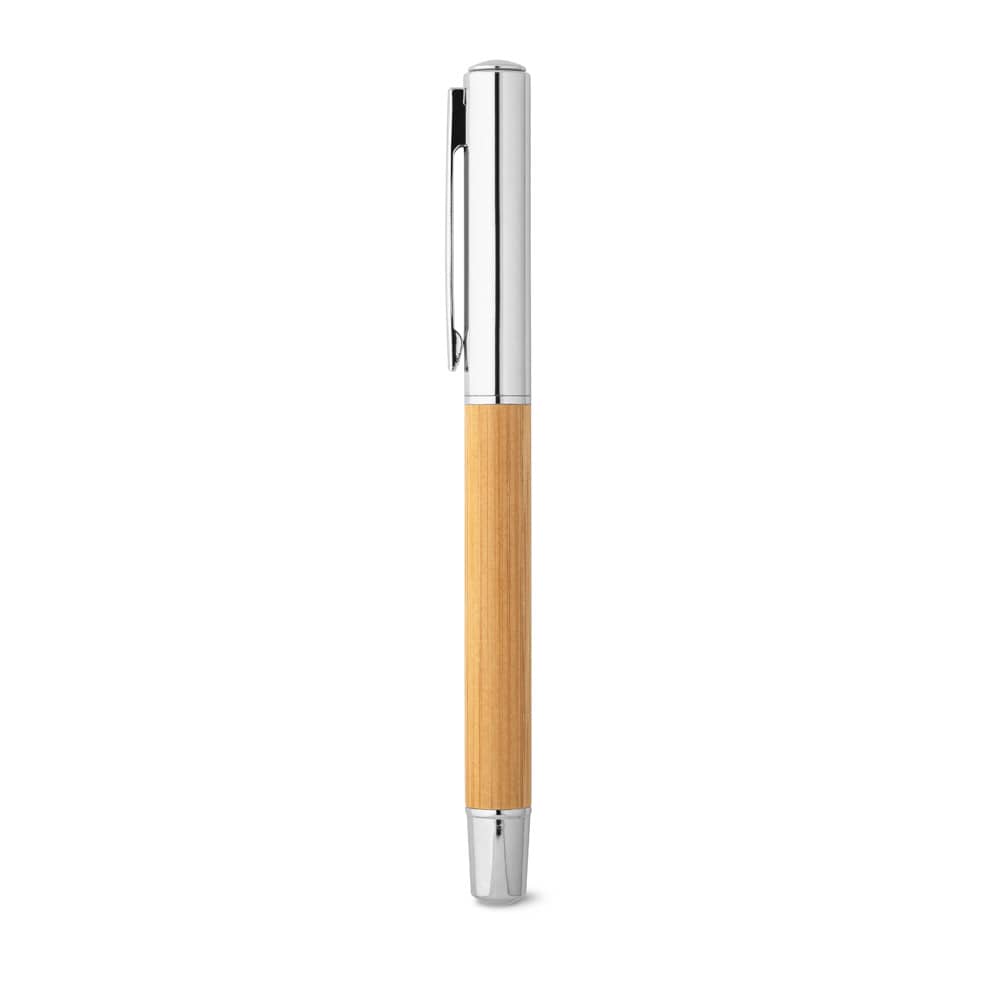 Caneta roller em aço inox 90% reciclado e bambu com escrita em azul