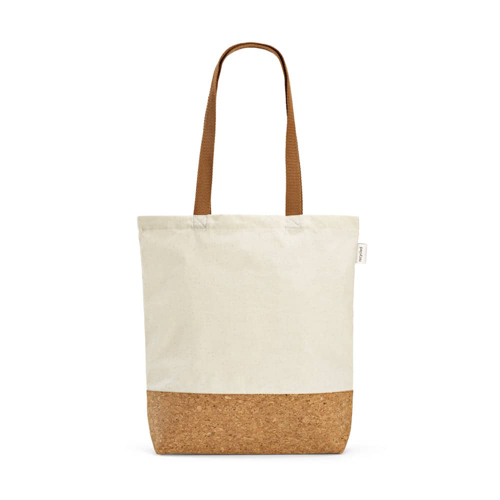 Sacola em 70% algodão reciclado e 30% poliéster reciclado (180 g/m²) com fundo em cortiça