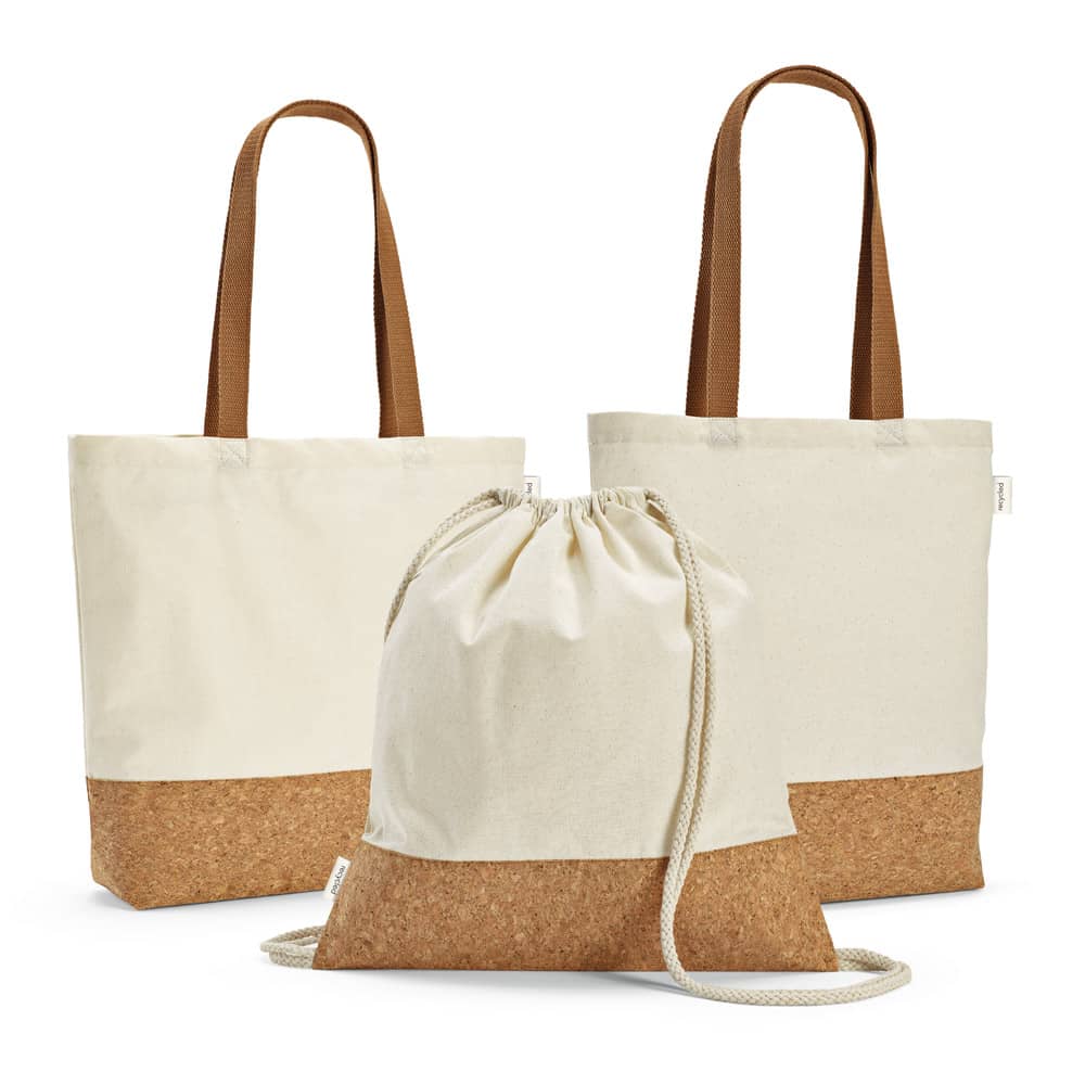Sacola em 70% algodão reciclado e 30% poliéster reciclado (180 g/m²) com fundo em cortiça