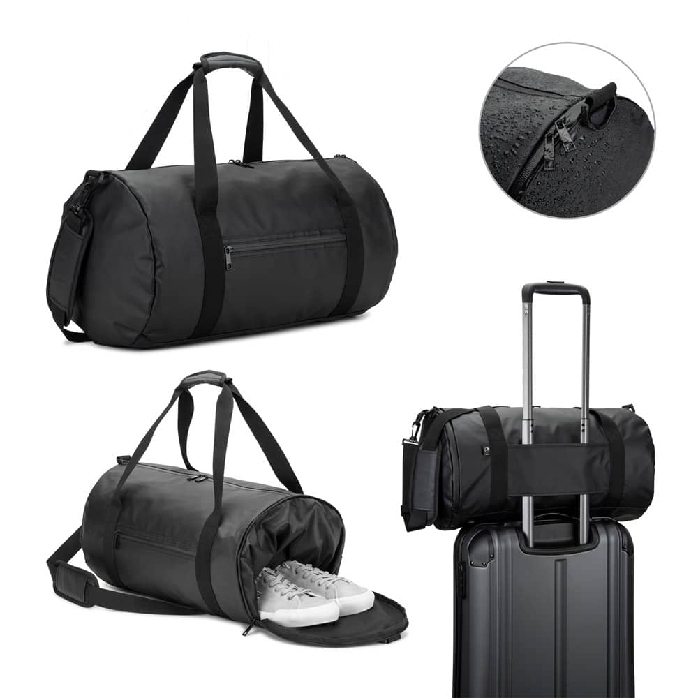 OSASCO SPORT. Bolsa esportiva em formato cilíndrico em poliéster reciclado 600D de alta densidade com compartimento lateral para sapatos (32 L)