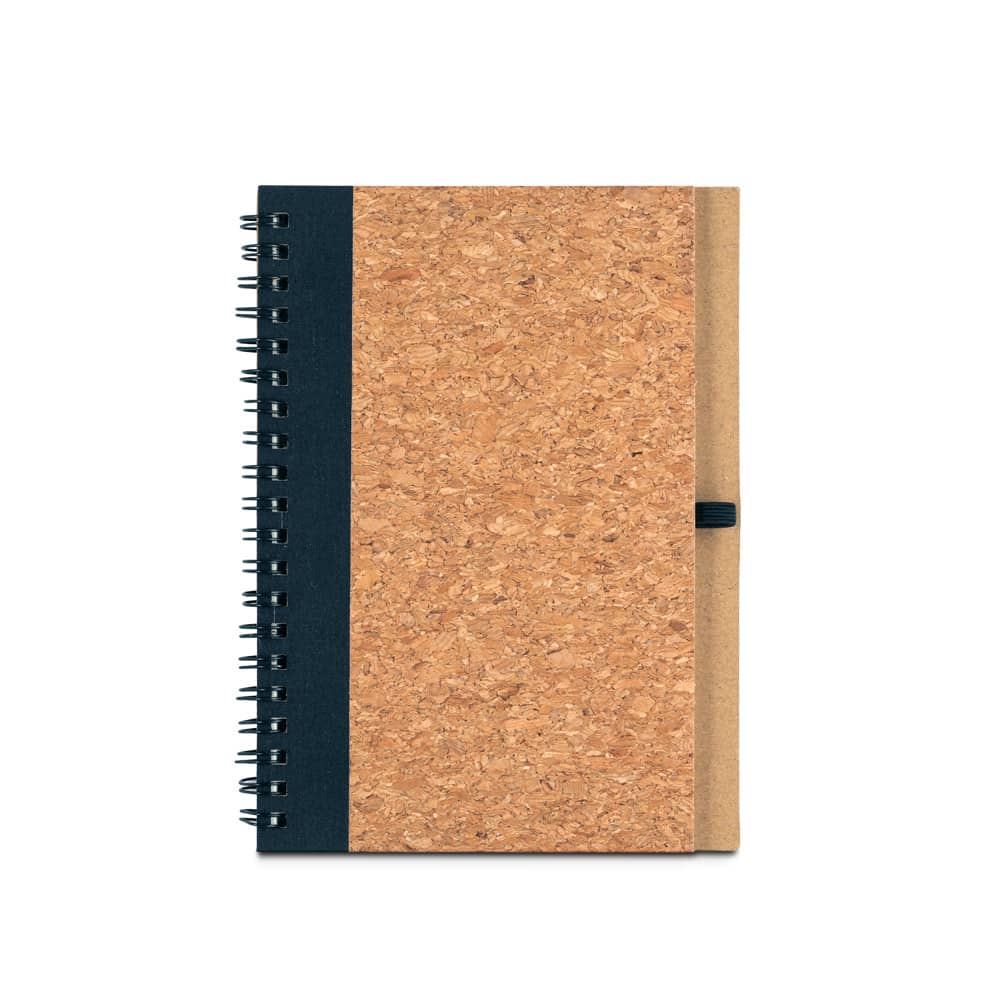 Caderno B6 de capa dura em cortiça e PET 100% reciclado, com páginas lisas recicladas
