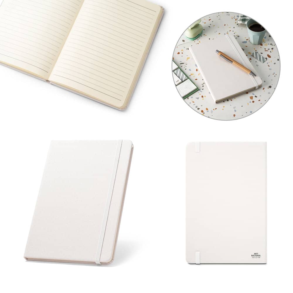 Caderno A5 de capa dura em poliéster 100% reciclado, com tratamento antibacteriano e páginas pautadas