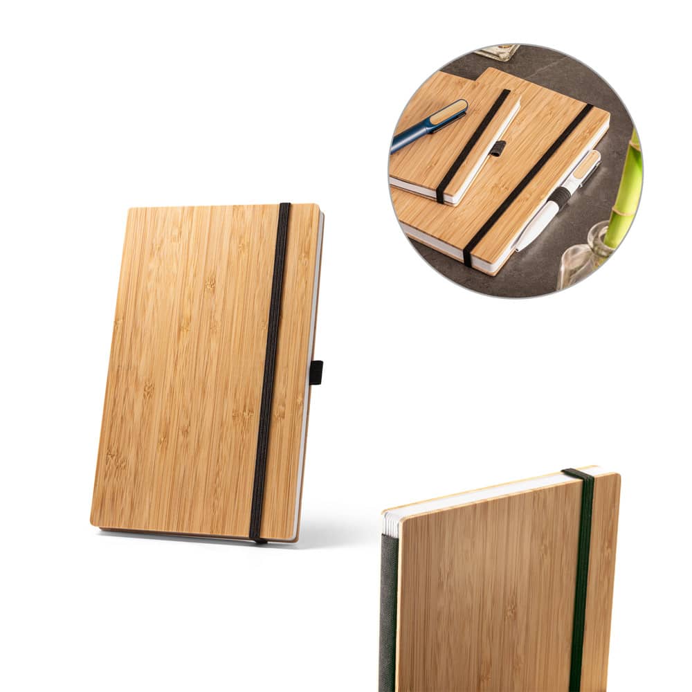 BUARQUE A5. Caderno A5 de capa e contracapa em placa de bambu e lombada em PET 100% reciclado, com páginas pautadas recicladas