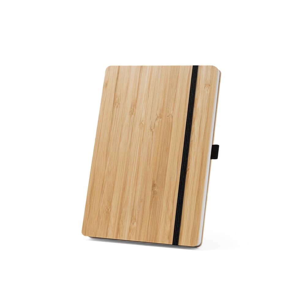 Conjunto de caderno A5 em bambu com páginas pautadas e caneta esferográfica em bambu