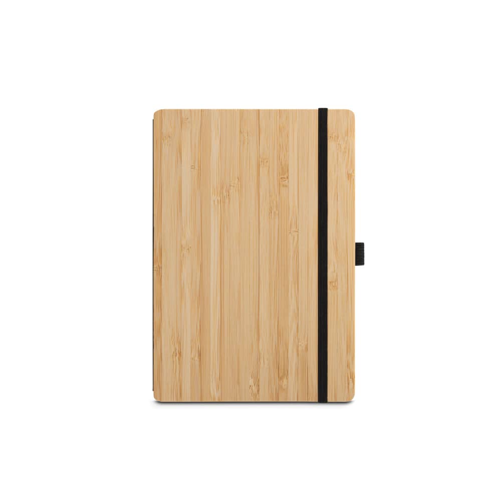 Conjunto de caderno A5 em bambu com páginas pautadas e caneta esferográfica em bambu