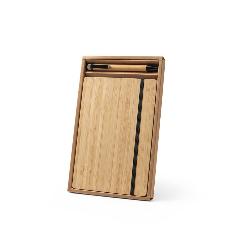 Conjunto de caderno A5 em bambu com páginas pautadas e caneta esferográfica em bambu