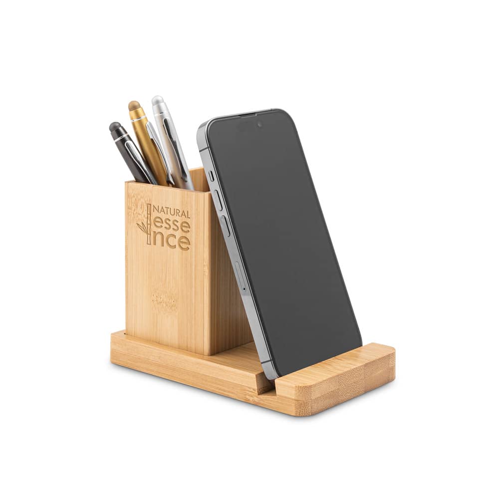 Conjunto de secretária com suporte para celular e copo, em bambu