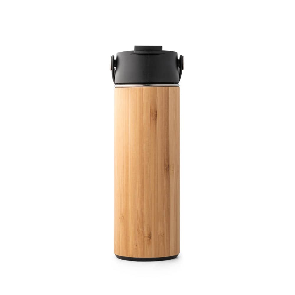 Garrafa térmica em aço inox e bambu, de parede dupla isolada a vácuo (440 mL)