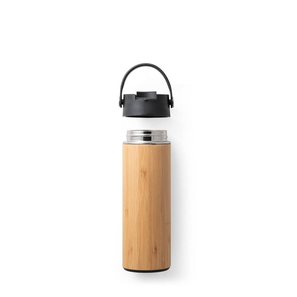 Garrafa térmica em aço inox e bambu, de parede dupla isolada a vácuo (440 mL)