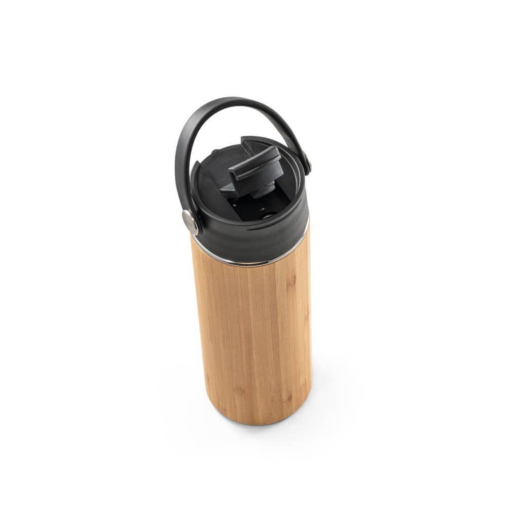 Garrafa térmica em aço inox e bambu, de parede dupla isolada a vácuo (440 mL)