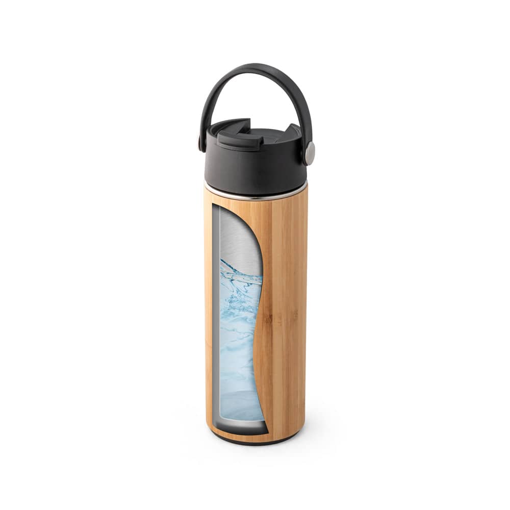 Garrafa térmica em aço inox e bambu, de parede dupla isolada a vácuo (440 mL)