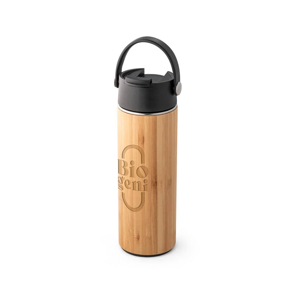 Garrafa térmica em aço inox e bambu, de parede dupla isolada a vácuo (440 mL)