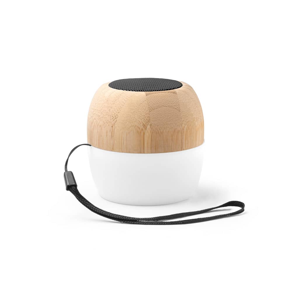 Caixa de som portátil com microfone e autonomia de 2h (300 mAh), em bambu e PP