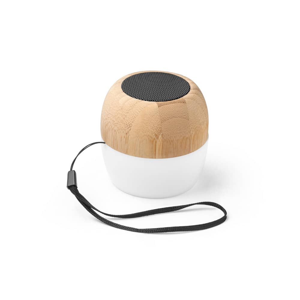 Caixa de som portátil com microfone e autonomia de 2h (300 mAh), em bambu e PP