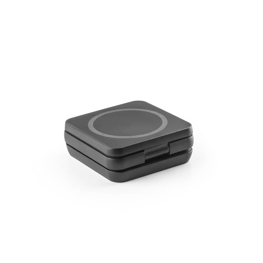Carregador magnético por indução super-rápido (wireless), dobrável, que permite carregar três dispositivos simultaneamente, em ABS 100% reciclado