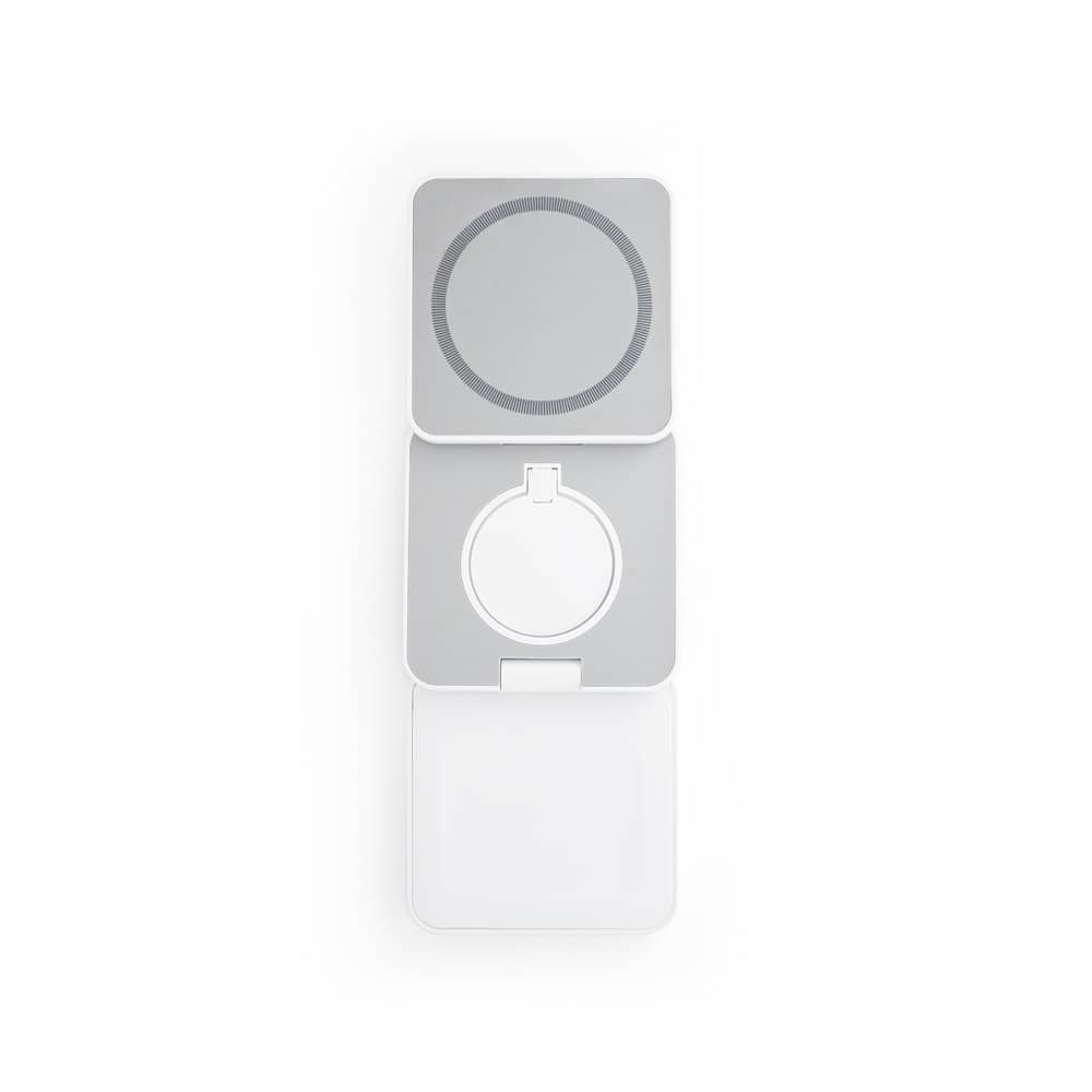 Carregador magnético por indução super-rápido (wireless), dobrável, que permite carregar três dispositivos simultaneamente, em ABS 100% reciclado