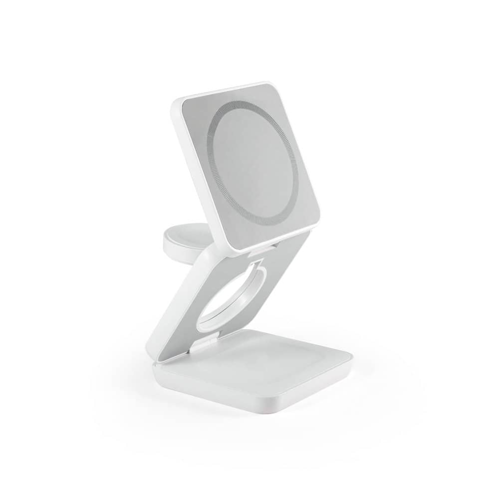 Carregador magnético por indução super-rápido (wireless), dobrável, que permite carregar três dispositivos simultaneamente, em ABS 100% reciclado