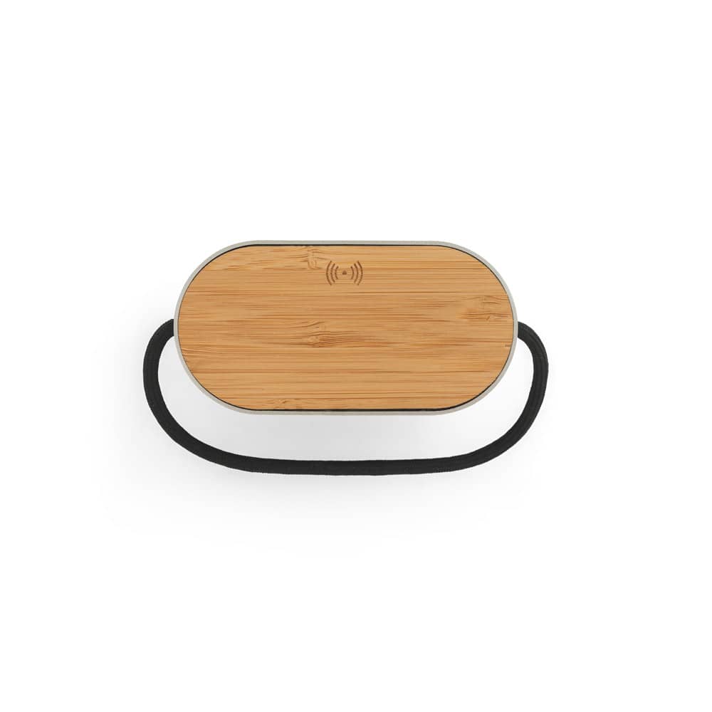 Caixa de som de 5W com carregador por indução super-rápido e autonomia de 2h (1'200 mAh), em bambu e PET 100% reciclado