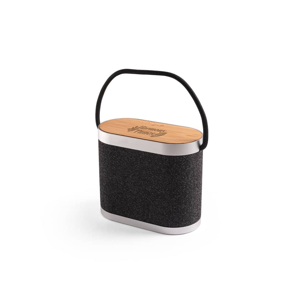 Caixa de som de 5W com carregador por indução super-rápido e autonomia de 2h (1'200 mAh), em bambu e PET 100% reciclado